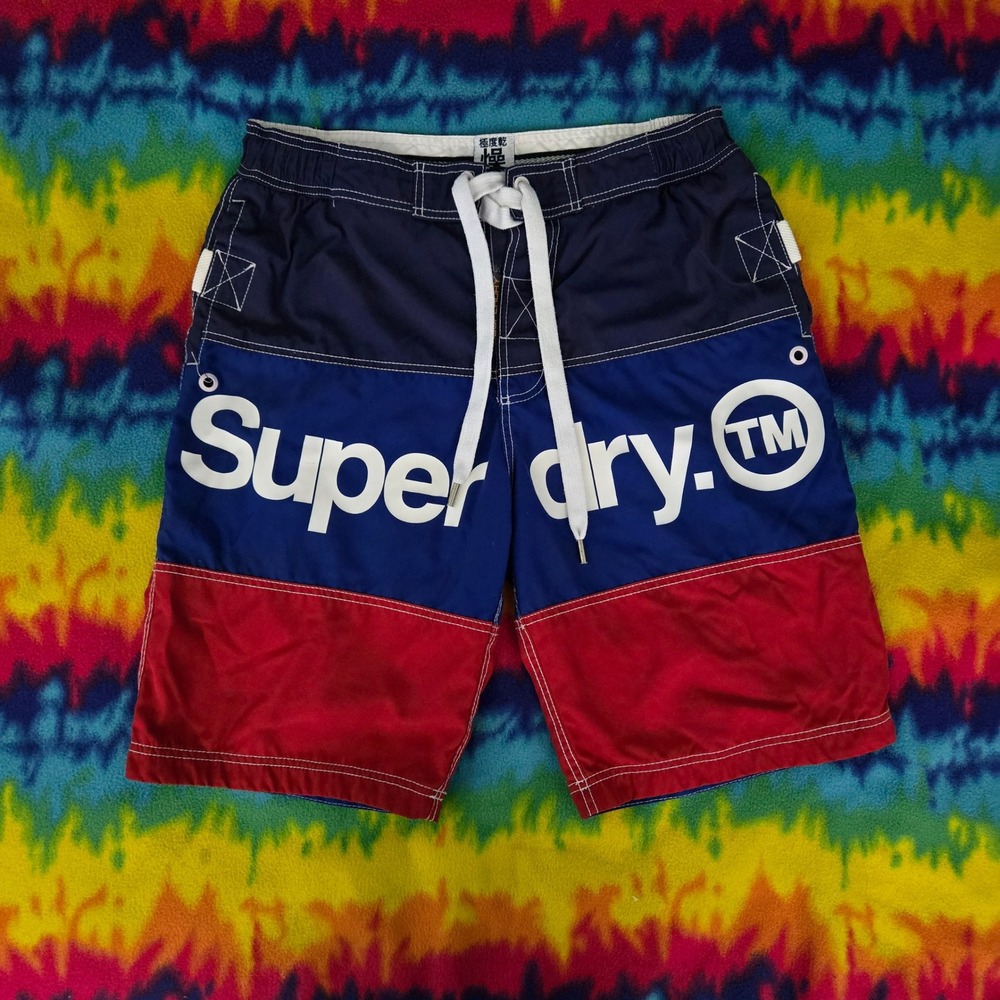 Superdry Mens XL Swim Trunks Colorblock Board Shorts Navy Blue Red Logo Cargo